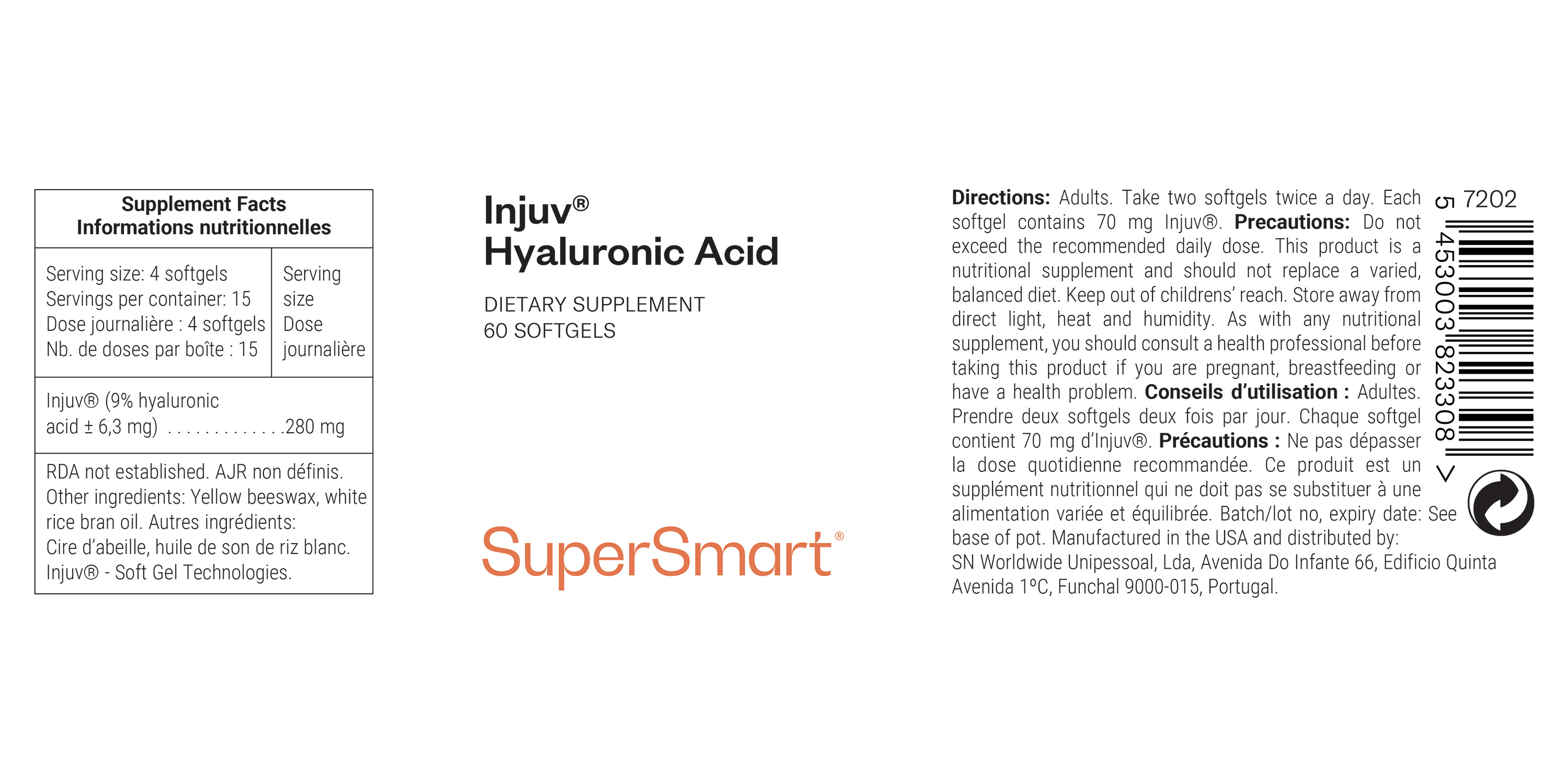 Injuv® Hyaluronic Acid suplemento alimentar, contribui para a hidratação da pele e articulações