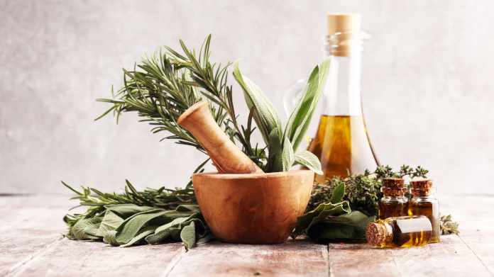 Ayurvedic plants, pestle and vial